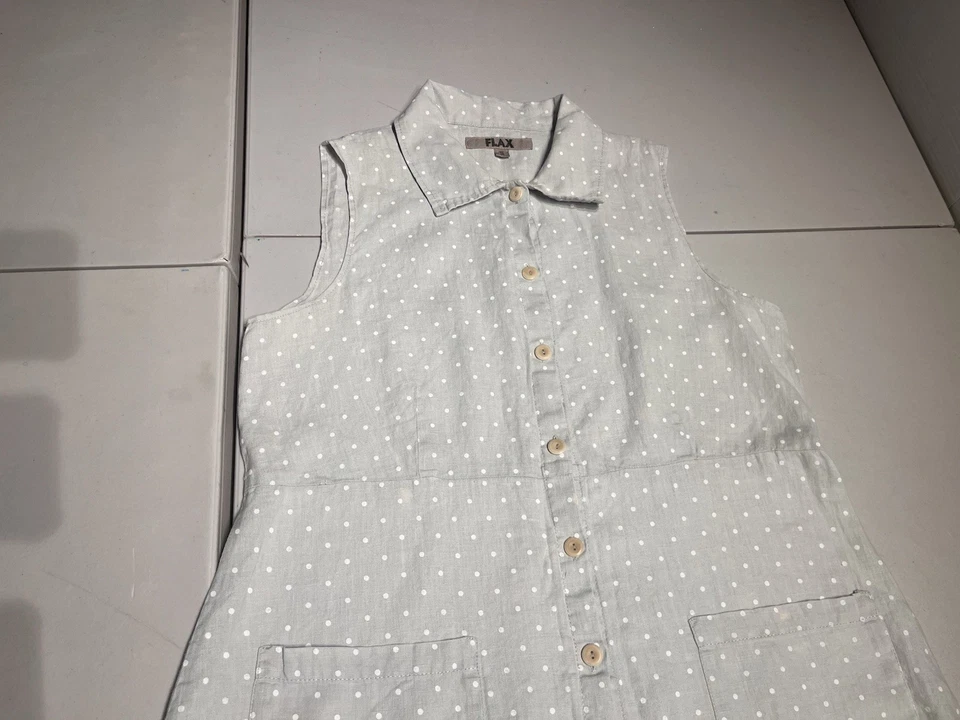 Vestido de lino para mujer pequeño gris crema estampado de lunares camisa con botones vestido lino bolsillos Foto 2 de 4