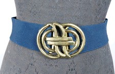 Vtg 80s Stretch Belt Gold Geometric Buckle Cinch Waist Navy 2"x26" Flat READ