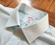 BROOKS BROTHERS SHIRT, Men 16.5 x 32/33 Regent, White Turquoise Striped, Pocket