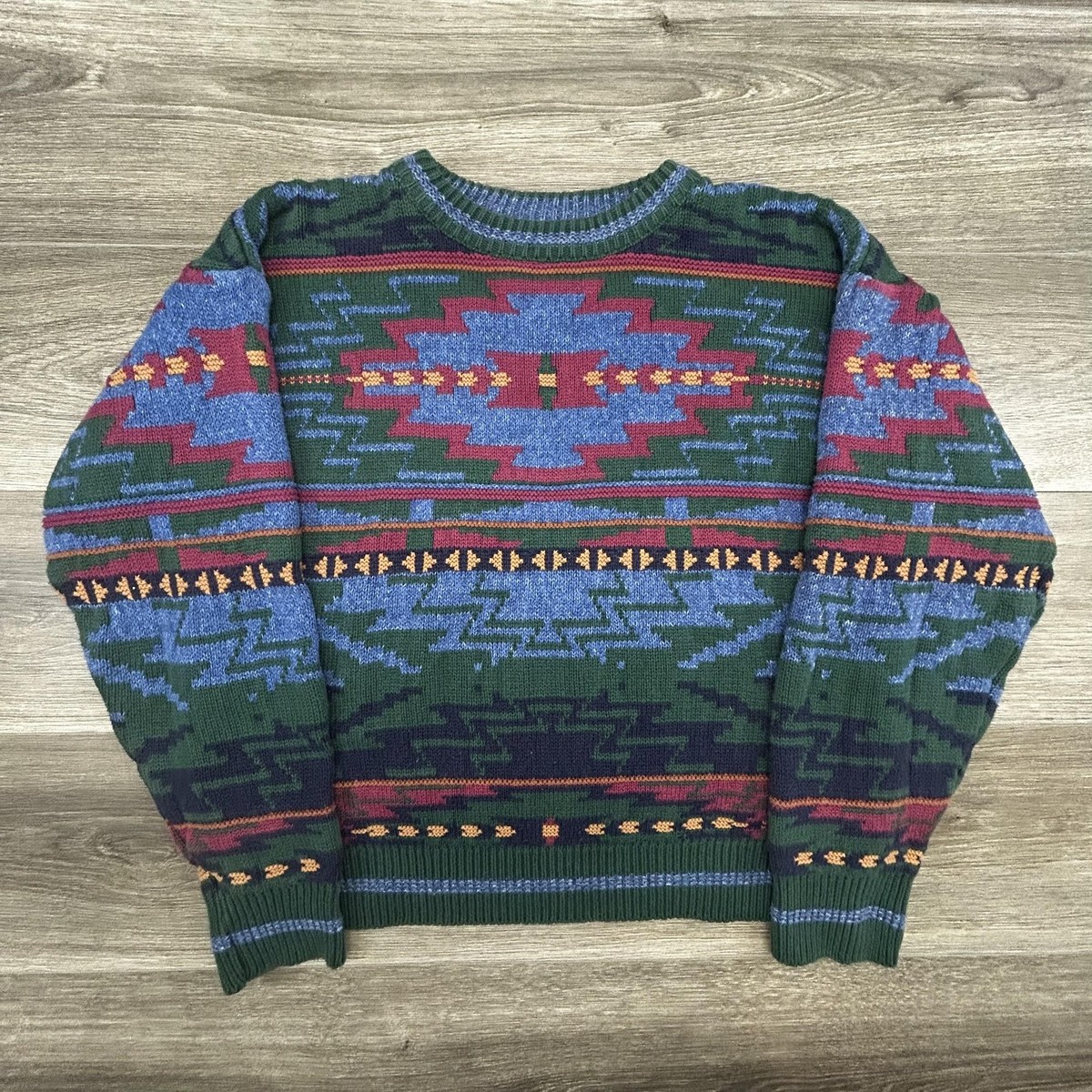 Vintage Chaps Ralph Lauren Sweater Mens Large Green Aztec Knit 