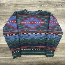 Vintage Chaps Ralph Lauren Sweater Mens Large Green Aztec Knit Cotton USA 90s