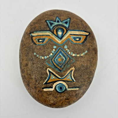 Hand Painted African Tribal Mask Art Rock Turquoise Gold Geometric Warrior Face