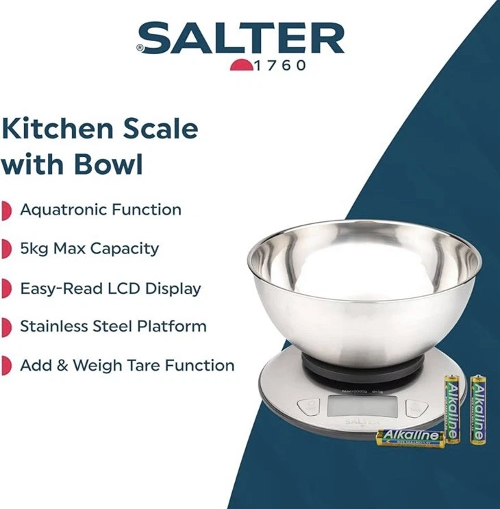 Salter Digital Bowl Scale – 5kg Capacity, Stainless Steel, Tare Function, LCD