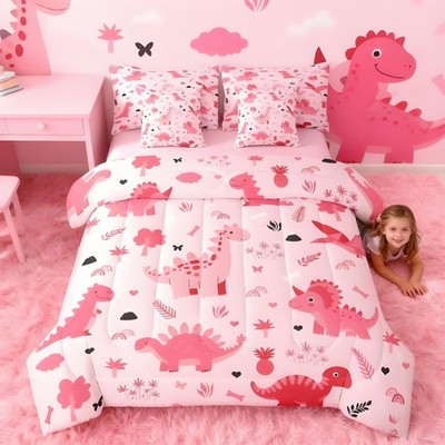 Feelyou Kids Pink Dinosaur Queen Comforter Set Sheets Kids Boys Girls Cute