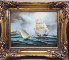 Antique Oil Painting On Board Sailing Ships Seascape Signed T B Hevsworth