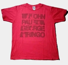 Vintage The Beatles T-Shirt L Red Junk Food John Paul George Ringo Script Faces