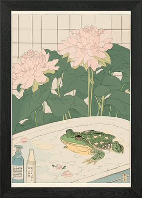 Frosch im Bad mit Blumen gerahmtes Wandbild Poster Leinwanddruck Bild