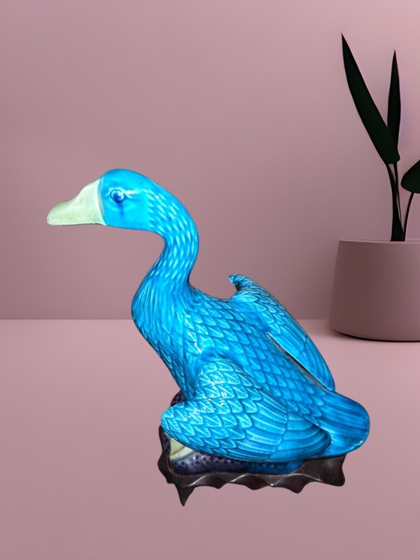 Vintage Monjolica Goose with Wooden Stand