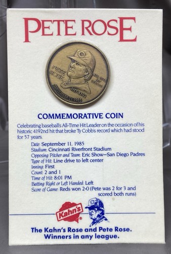 Moneta commemorativa Kahn's Pete Rose All Time Hit Leader 1985 Cincinnati Reds MLB