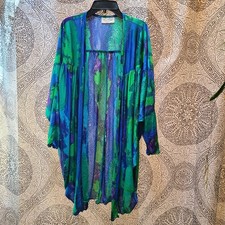Oscar de la Renta Cover Up Women OS Blue Green 1980s Abstract Watercolor Kimono