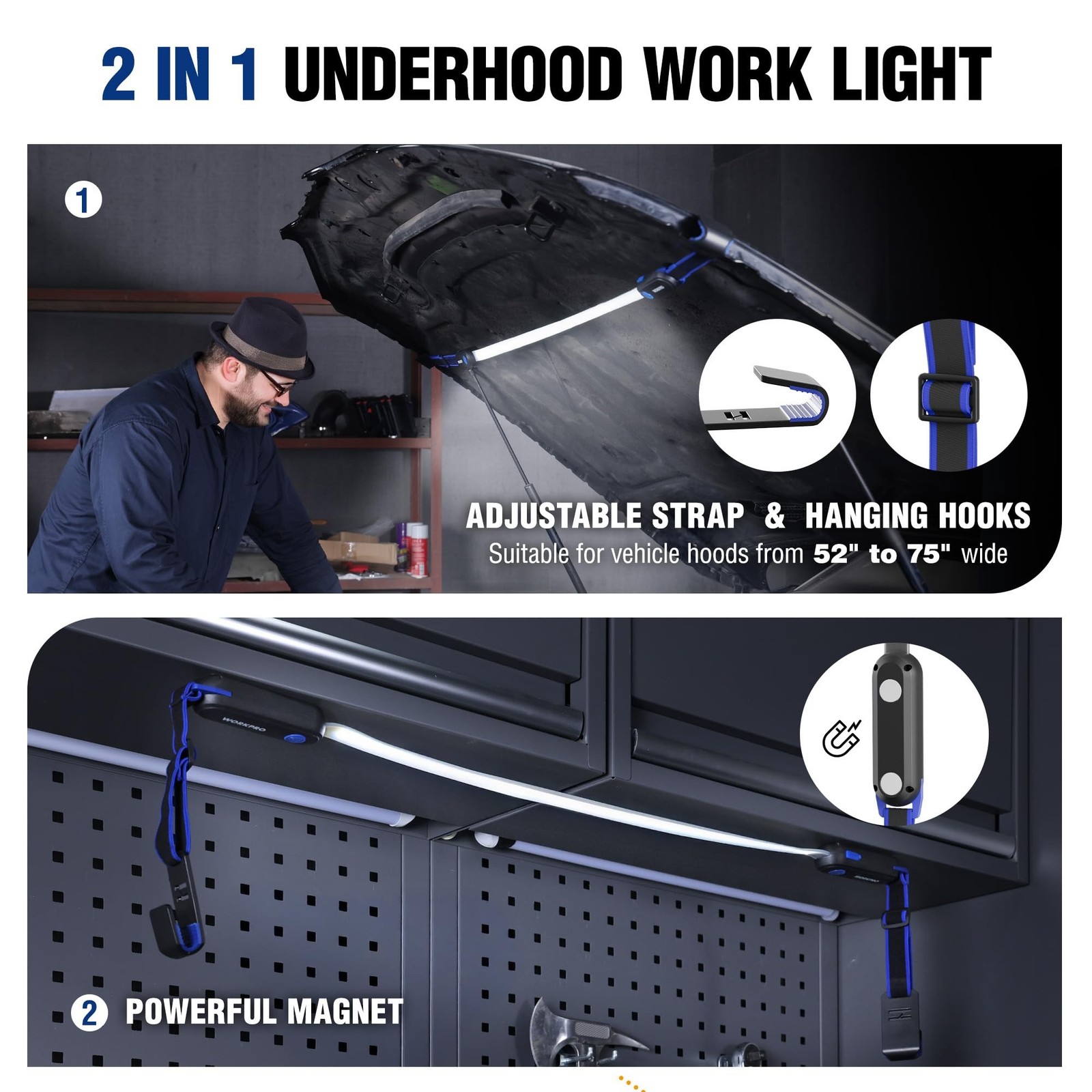 WORKPRO Rechargeable Underhood Work Light, 25inch Long Foldable LED Work Ligh...
