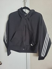 Adidas Black Zip-up Hoodie Track Jacket White 3 Stripe Front Pockets Size Medium