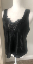 Vtg NOS DELICATES M L 48 Black CAMI Slip Top Silky SATIN Camisole LACE French