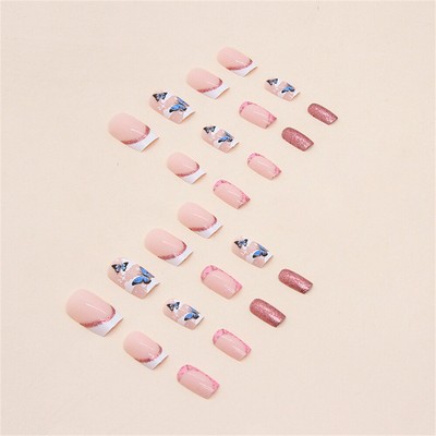 Koonafy Press On Nails Mit Chinesischem Tintenrosen-Design – Glitzer-Schmetterlinge, 24-teilig, Selbstklebend, Einfach Anzubringen