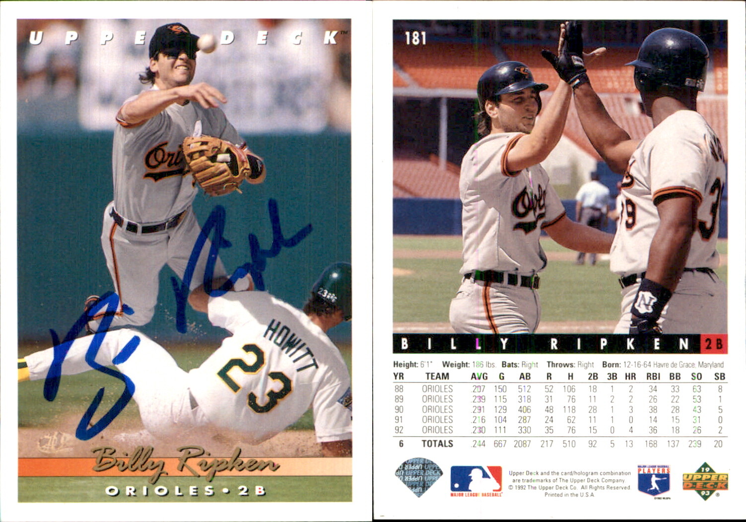 Billy Ripken Signed 1993 Upper Deck #181 Card Baltimore Orioles Auto AU