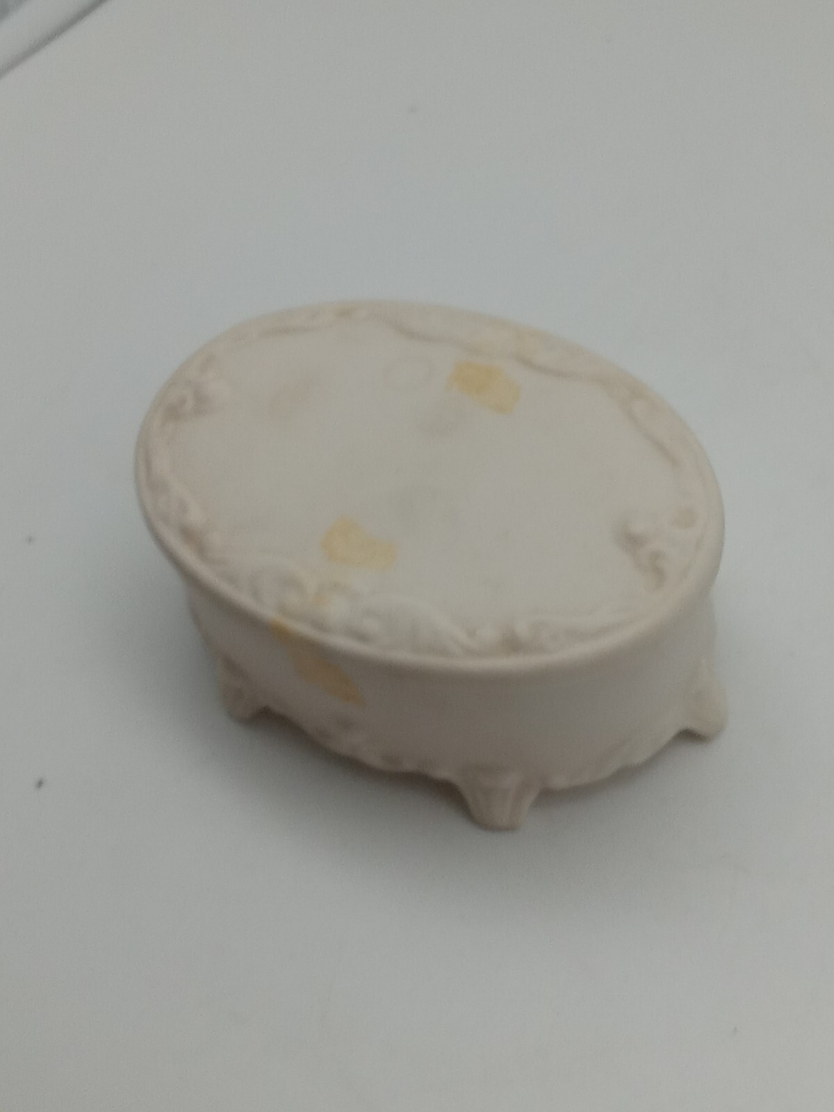 Bisque Oval Footed Trinket Box with Floral Raised Outline Lid