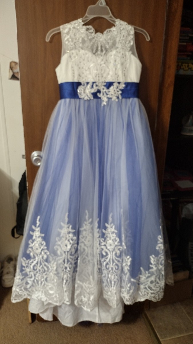blue christmas dresses Unique Blue Satin Long Prom Dress, A-Line Short Sleeve Blue Evening Dr main image 1