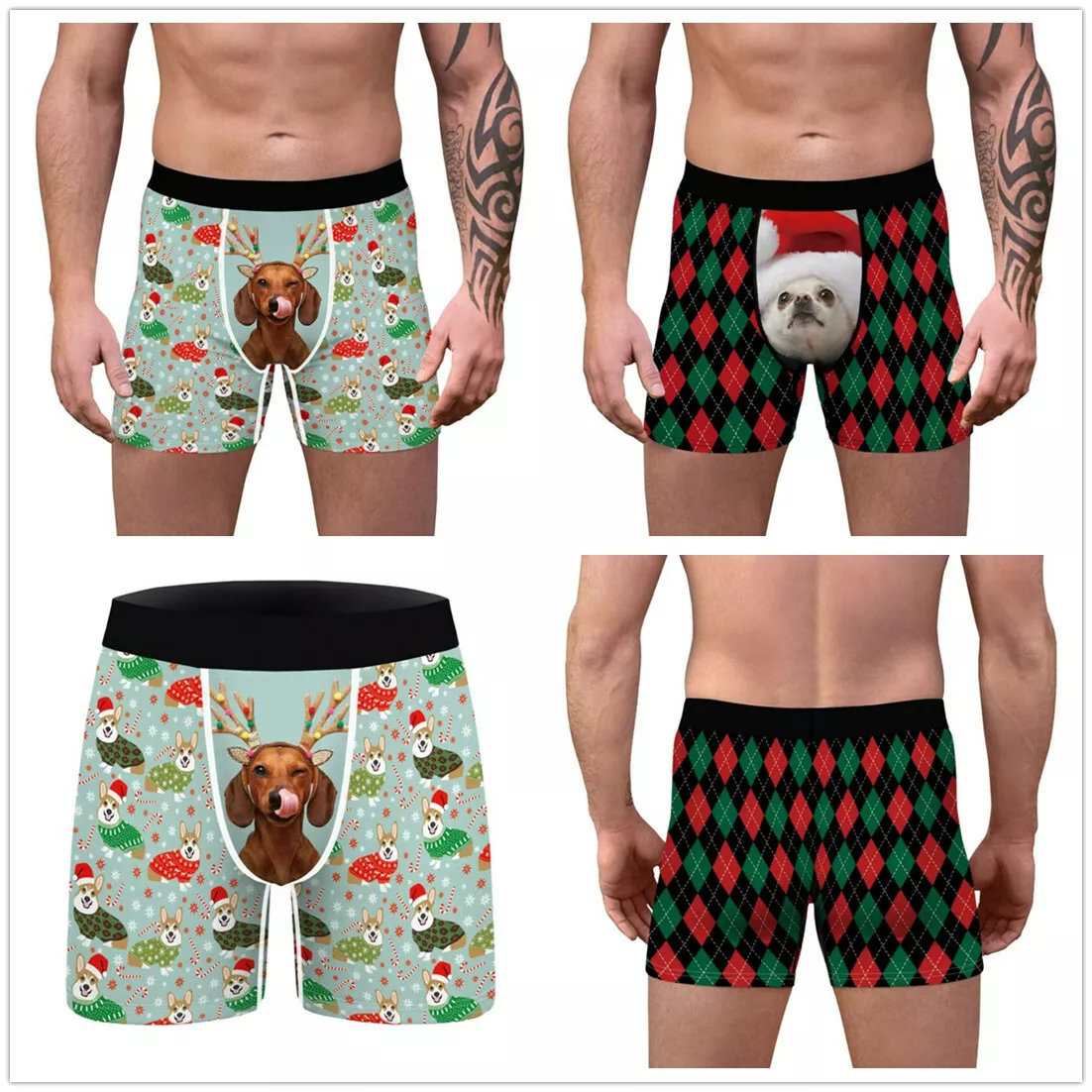 Mens Christmas Underwear Boxer 3D Dog/Plaid Print Funny Boxer Shorts  Underpants