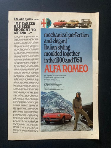 1969 CANADIAN CANADA CAR AD ALFA ROMEO 1300 OR 1700 MECHANICAL PERFECTION