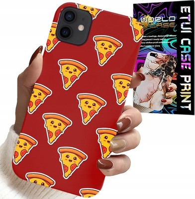 Hülle für iPhone 13 Mini - Happy Pizza Muster auf rotem Hintergrund