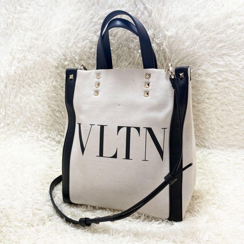 VALENTINO GARAVANI Women Leather & Canvas 2Way Tote Shoulder Bag Gray Black