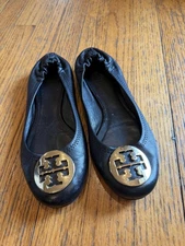 Tory Burch Reva Ballet Flats Shoes Womens Size 7.5 Black Leather Gold Logo