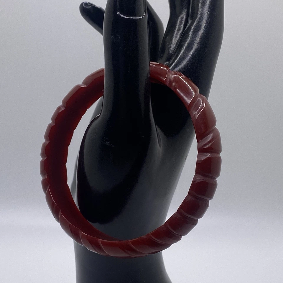 Art Deco Cherry Amber Carved Bakelite Chunky Vintage Plastic Bangle Bracelet 6” - Image 2 of 4