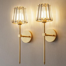 Crystal Battery Operated Wall Sconces Set of 2, Gold Rechargeable Wireless Wa...