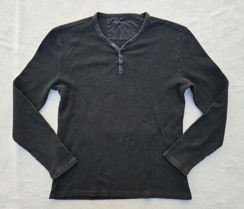 John Varvatos USA Shirt Mens Sz Large Black Waffle Knit Henley Long Sleeve Snap