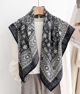 75%Cashmere 25% Silk Neckerchief Black totem Print Shawl Bandana 35'' Scarf Wrap