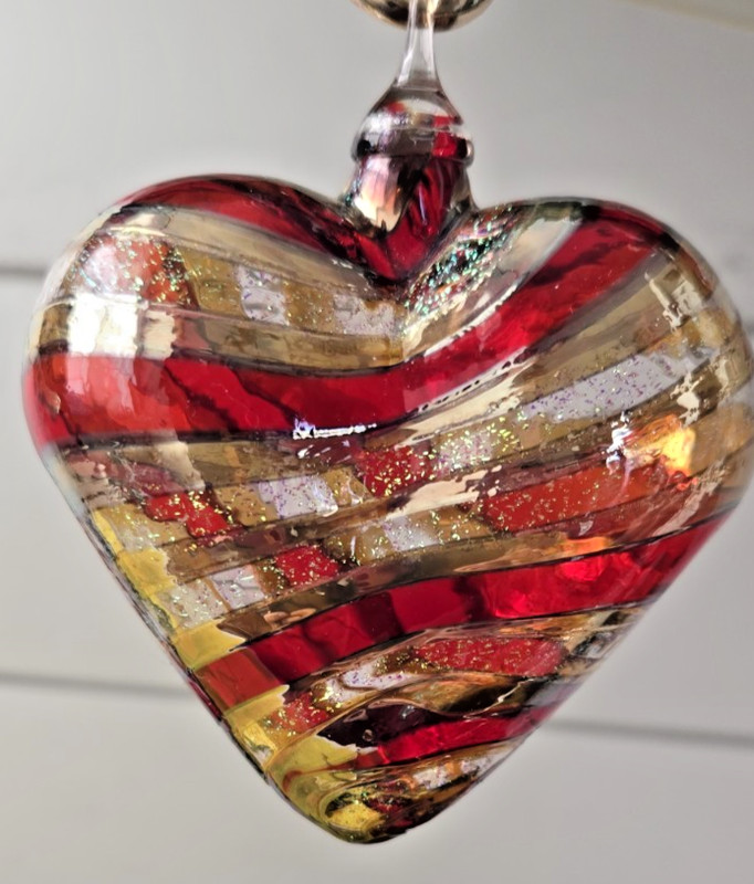 Blown Glass Heart Ornament Red & Gold Stripe Valentine Christmas Decoration