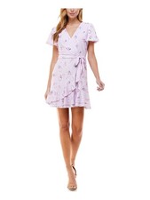CITY STUDIO Womens Purple Flutter Sleeve Short Faux Wrap Dress 1