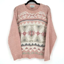 Vintage Currants Womens Knit Sweater Size L Pink Hand Loomed Fair Isle Icelandic