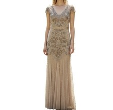 Adrianna Papell Beaded Tulle Formal Gown Champagne Nude Size 6