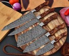 Handmade Damascus Chef Knife Set | 5-Piece Kitchen Knives with Leather Roll