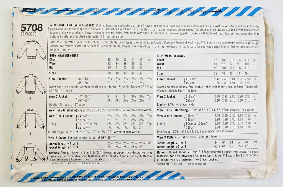 Chaquetas de Colección Años 80 Simplicity Coser Patrón 5708 Para Hombres Forradas y Sin Forro Pecho 44 SIN CORTAR Foto 2 de 3