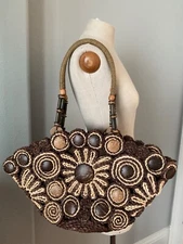 Sun N Sand Brown Woven Straw Shoulder Bag Purse Tiki Coconut Shell Ratan Tote