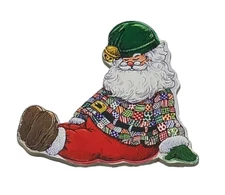 Pin Pals Sleeping Santa Claus Wooden Brooch Pin Hat w/Bell Christmas 1990's VTG