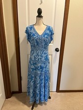LAUREN RALPH LAUREN Women Size 4 Blue Floral V Neck Short Sleeve Maxi Dress