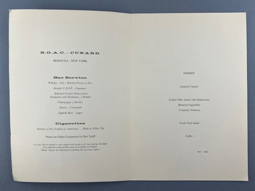 BOAC CUNARD VINTAGE AIRLINE MENU BERMUDA - NEW YORK B.O.A.C. - Picture 2 of 2