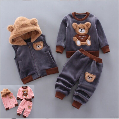 3PCS Baby Jungen Mädchen Bär Sweatshirt Tops Hosen Weste Kleidung Outfit Sets