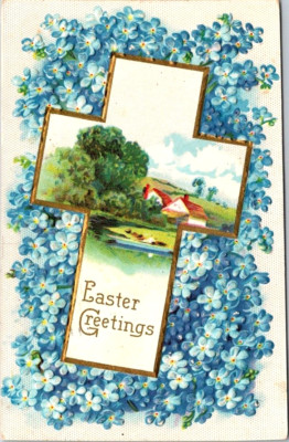 Easter Greetings Illustrated Serene Scene Inside Gold Framed Cross Embossed B16