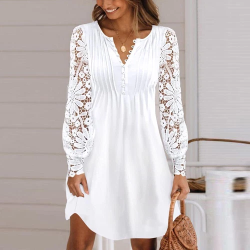 Womens Lace Long Sleeve Mini Dress Ladies Button V Neck Party Shirt Dresses UK - Picture 15 of 20