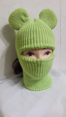 Handmade Green Bear Ears Balaclava Wool Blend Ski Mask Hood
