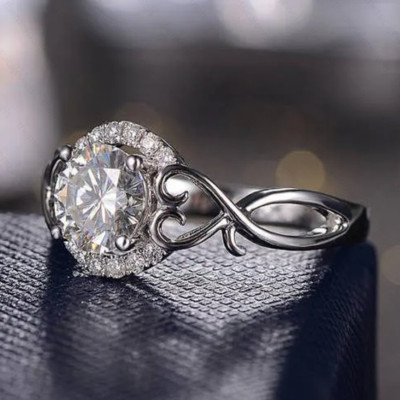 1.98Ctw Round Moissanite Halo Twisted Band Engagement Ring 14K White Gold Plated