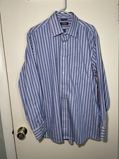 Chaps men’s dress shirt blue white striped classic fit 17 34/35 non-iron