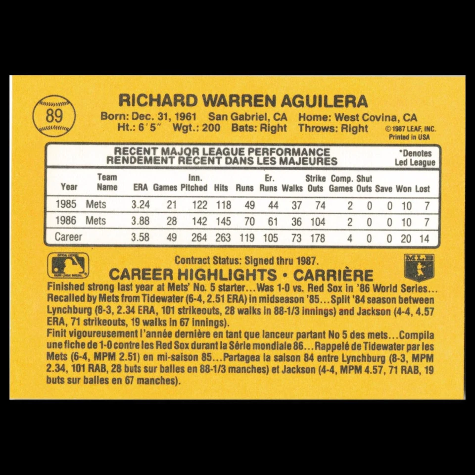 Rick Aguilera #89 1987 Leaf New York Mets Baseball Card MLB NM - Image 2 of 3