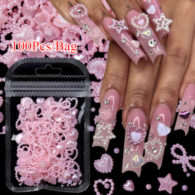 100Pcs Mixed 3D Bowknot Heart Pearls Nail Art Charm Nail Decoration Manicure *