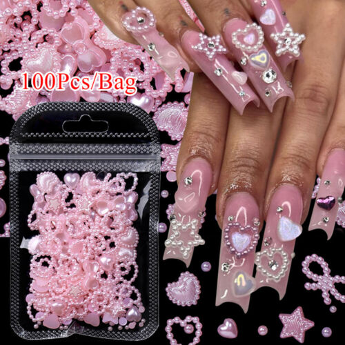  100 Stck. Gemischt 3D Schleife Herz Perlen Nail Art Charm Nageldekoration Maniküre * - Bild 1 von 18