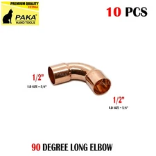 10 PCS  1/2" CxC Wrot Copper 90° Long Turn Elbow For 5/8"O.D. Pipe